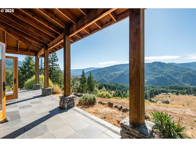 a view of a street with a large window