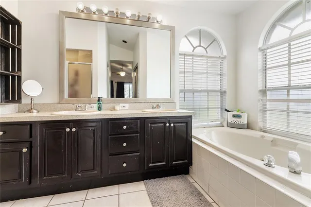 a bathroom with a tub double vanity sink and a mirror