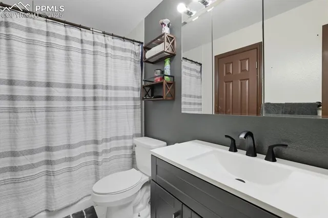 a bathroom with a sink a toilet and shower curtain