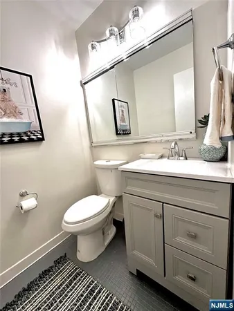 a bathroom with a sink toilet a mirror and vanity