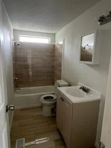 a bathroom with a sink a toilet a mirror and shower