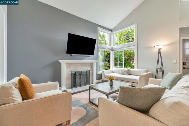 a living room with furniture a flat screen tv and a fireplace