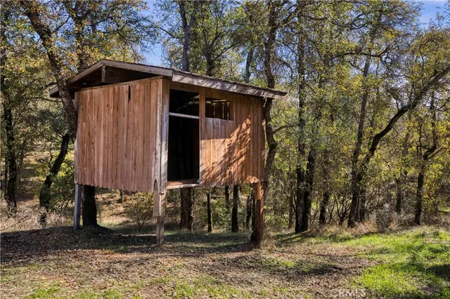 a garden view with a seating space