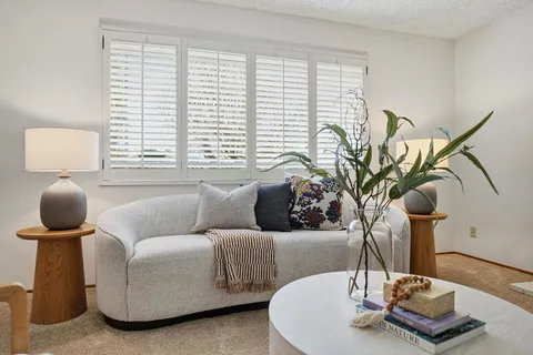 a living room with furniture and a potted plant