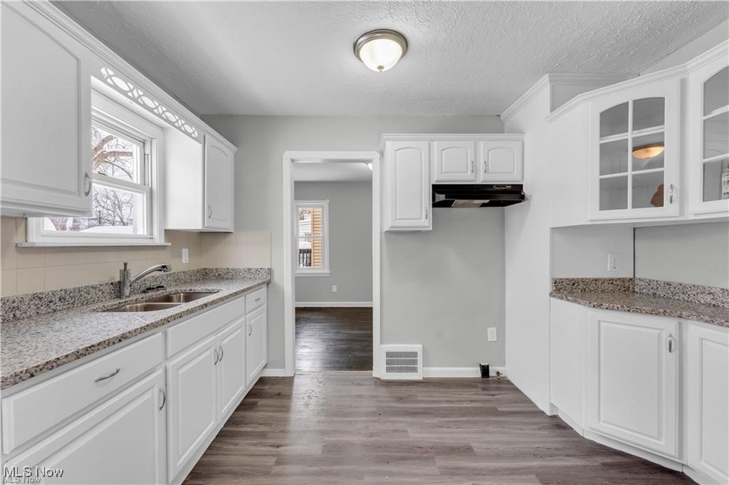 19600 Ridgewood Avenue Beachwood, OH 44122 - Photo 5 of 12 Kitchen featuring wood-type flooring, white cabinets, sink, and light stone countertops