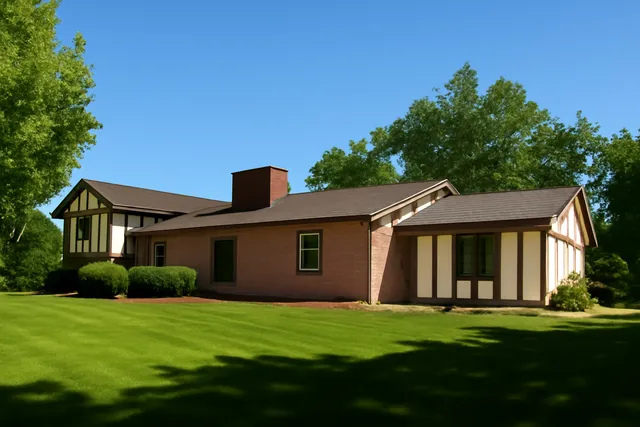 a view of a park with large trees