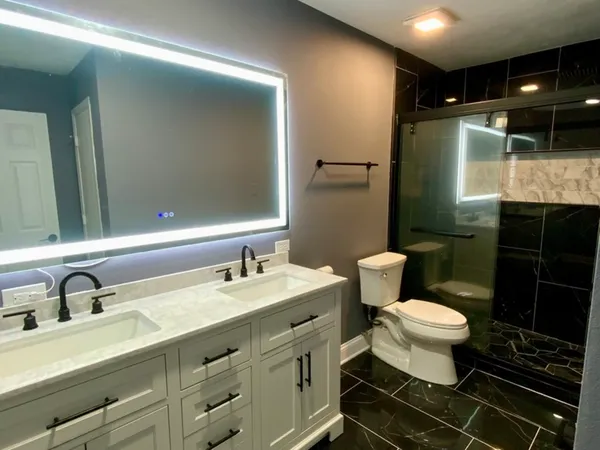 a bathroom with a double vanity sink mirror and toilet
