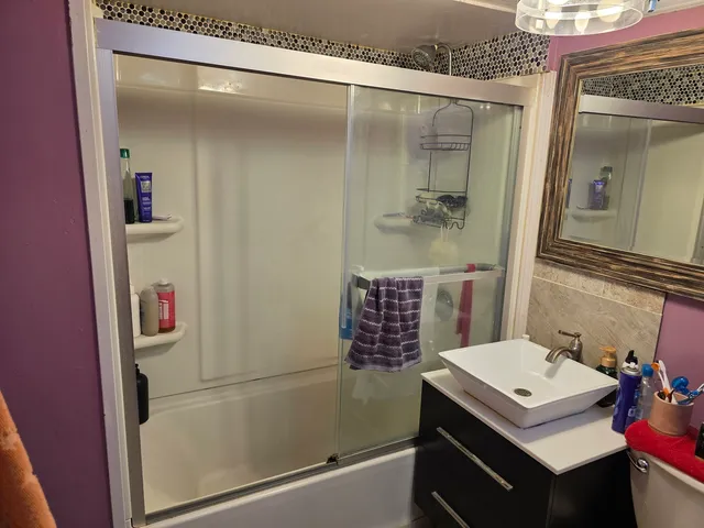 a bathroom with a shower a sink and a mirror