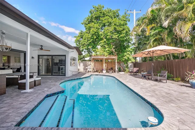a view of a house with swimming pool and sitting area