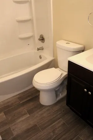 a bathroom with a toilet and a bathtub