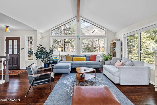 a living room with furniture a rug and a large window