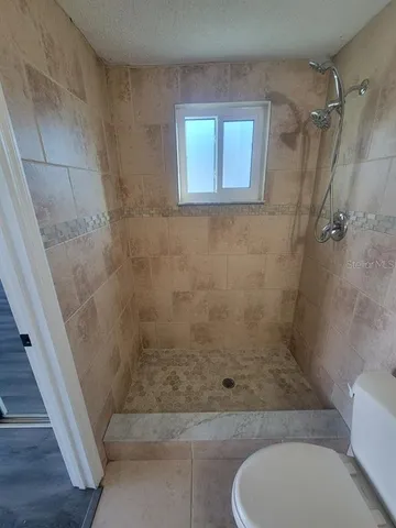 a bathroom with a shower and toilet