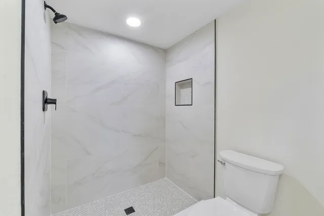 a bathroom with a shower and a toilet