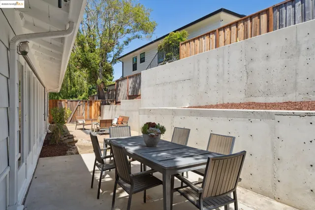 a backyard of a house with table and chairs