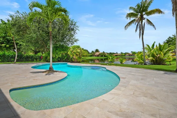 a view of a swimming pool with a yard and palm trees