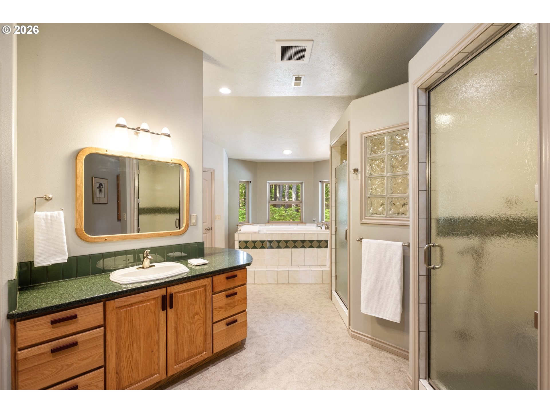 9491 Cook-Underwood Road Underwood, WA 98651 - Photo 32 of 46 a bathroom with a granite countertop sink mirror and a shower