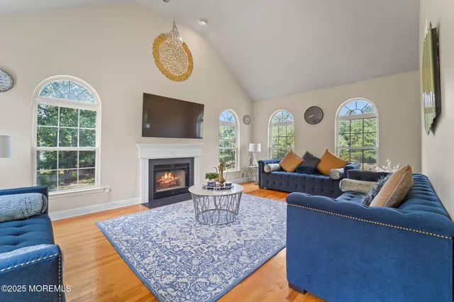 a living room with furniture a flat screen tv and a fireplace