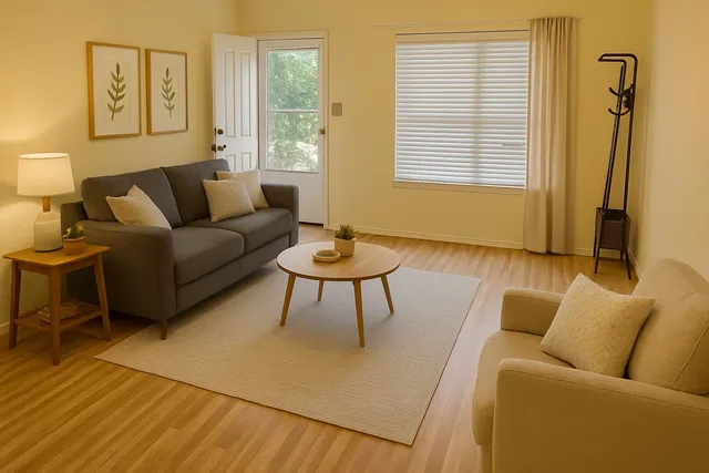 a living room with furniture and a window