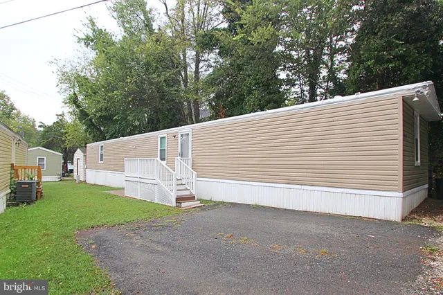 a view of a white house with a yard and large tree