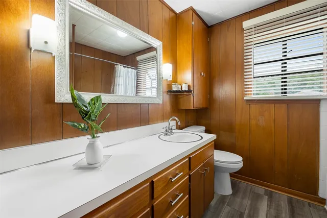 a bathroom with a sink a toilet and shower curtain