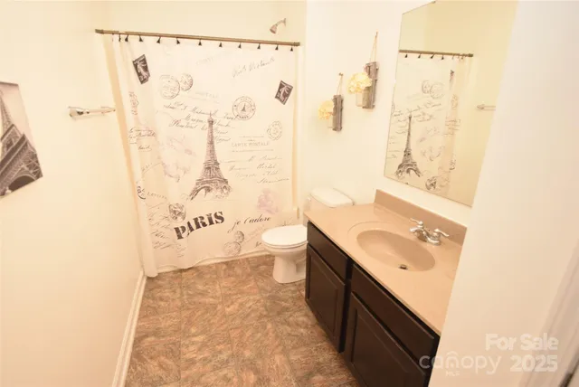 a bathroom with a sink a toilet and shower curtain