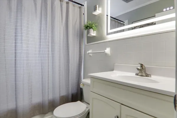 a bathroom with a sink a toilet and shower curtain