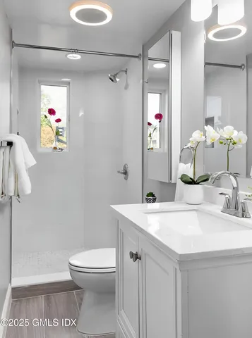 a bathroom with a sink a toilet and shower