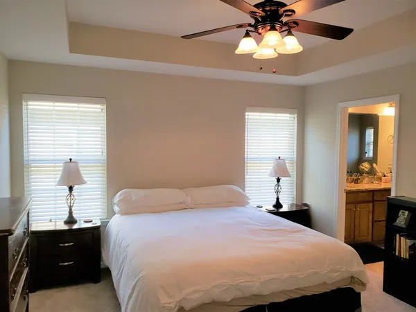 a bedroom with a bed and a chandelier