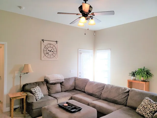a living room with furniture and a potted plant