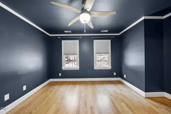 a view of a park with large trees