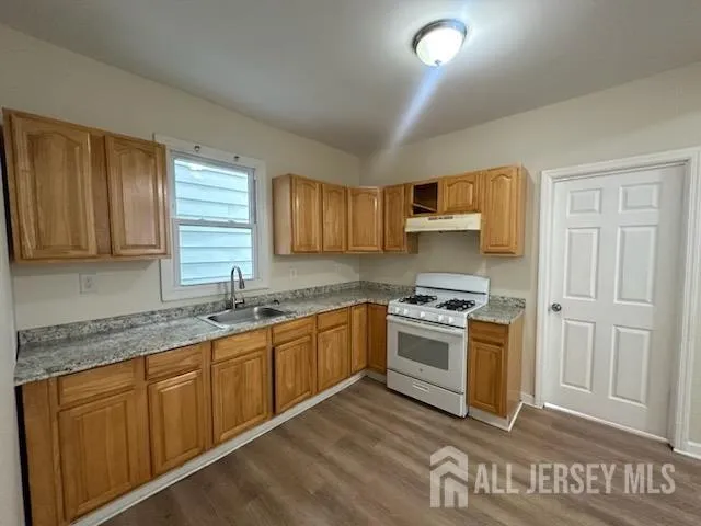 a kitchen with stainless steel appliances granite countertop a stove a sink and a granite counter tops