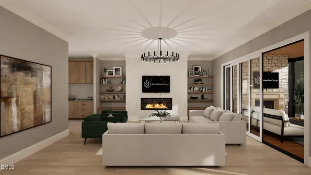 a view of a livingroom and dining room with furniture and large windows