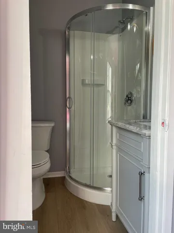 a bathroom with a shower and a toilet