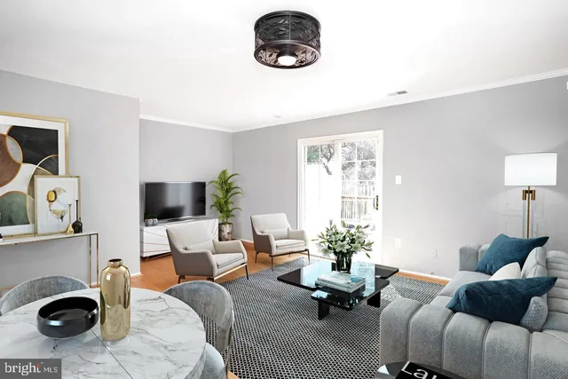 a living room with furniture a rug and a window