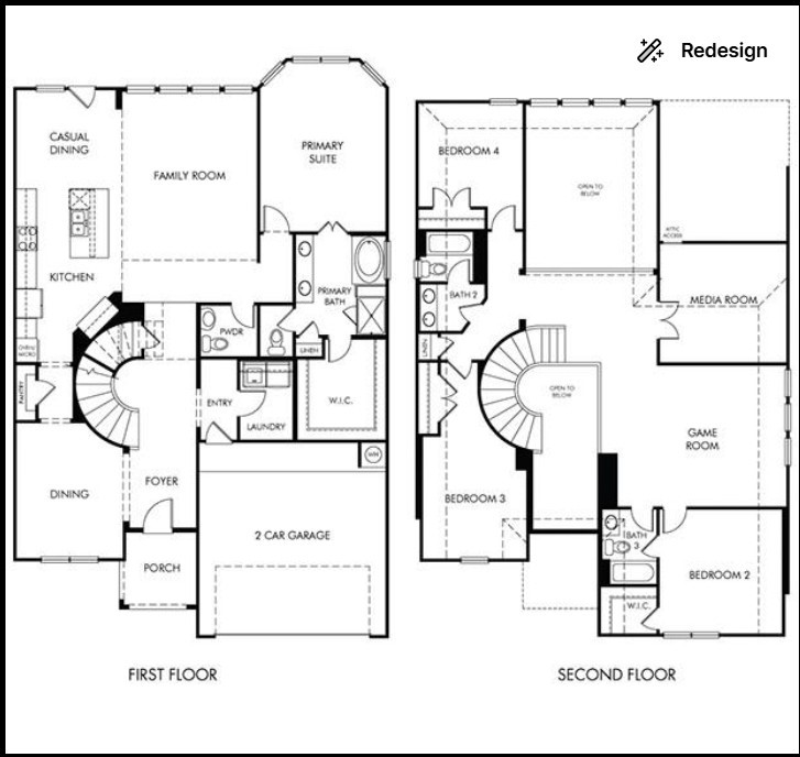 5514 Handlewood Lane Rosenberg, TX 77471 - Photo 6 of 6 This is a two-story floor plan featuring a spacious first floor with a family room, kitchen, casual dining area, primary suite, and a two-car garage. The second floor includes three bedrooms, a game room, a media room, and additional bathrooms. The layout is open with a notable curved staircase.
