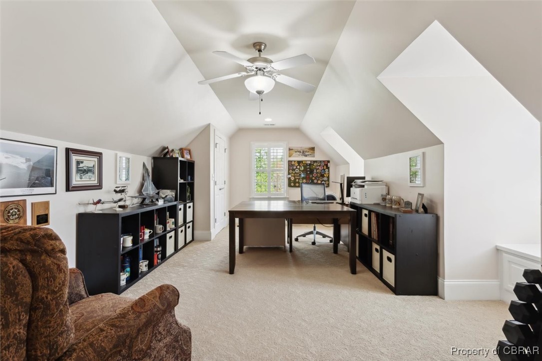 3013 Ridge Drive Toano, VA 23168 - Photo 27 of 50 Home office featuring lofted ceiling, carpet flooring, baseboards, and a ceiling fan