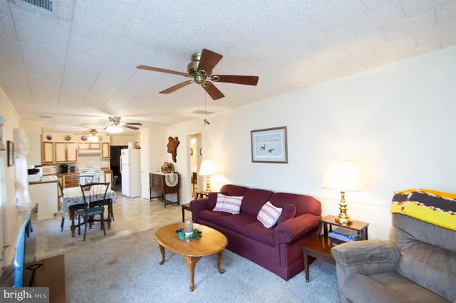 a living room with furniture a ceiling fan and a rug