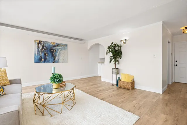 a living room with furniture and a potted plant