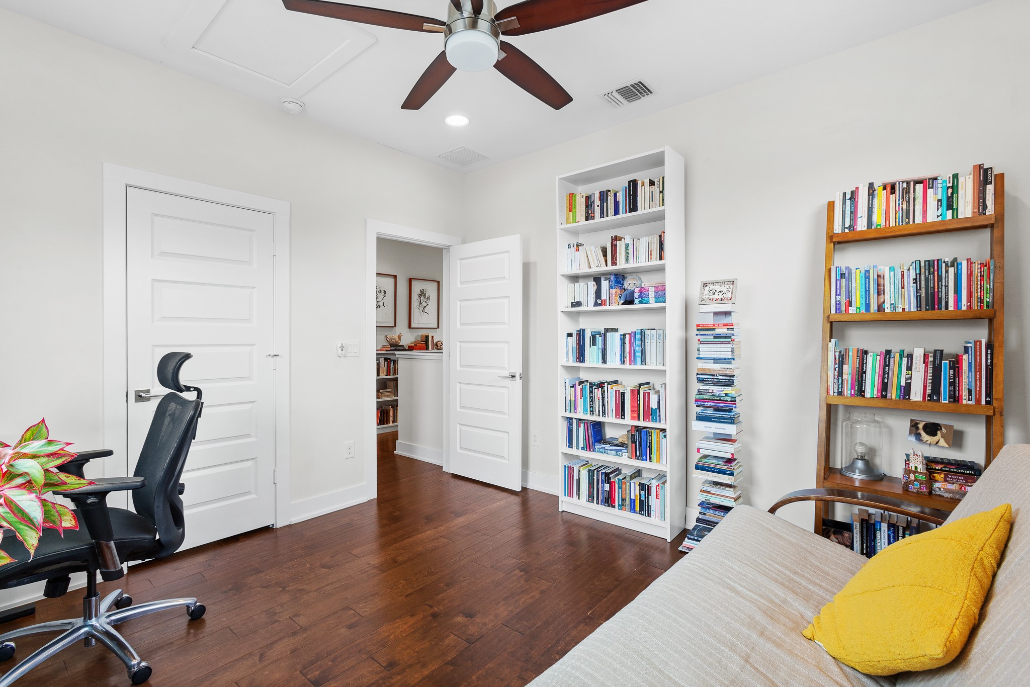 3101 Sunnylawn Circle, Unit B Austin, TX 78723 - Photo 17 of 32 Bedroom / Office space featuring dark wood finished floors, a ceiling fan, and recessed lighting