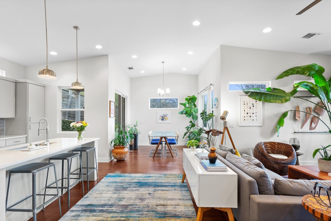 3101 Sunnylawn Circle, Unit B Austin, TX 78723 - Photo 4 of 28 Living area featuring dark wood-style flooring, a chandelier, and recessed lighting