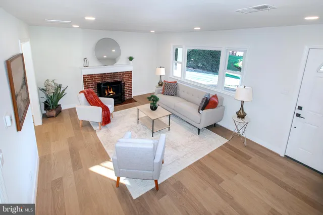 a living room with furniture fireplace and potted plant