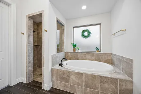 a bathroom with a bathtub a sink a mirror and a shower