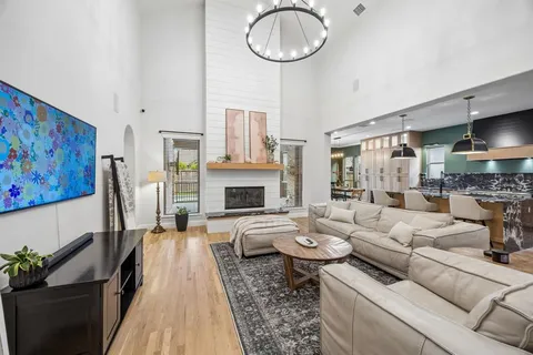 a living room with furniture a fireplace and a potted plant