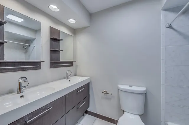 a bathroom with a sink mirror and toilet