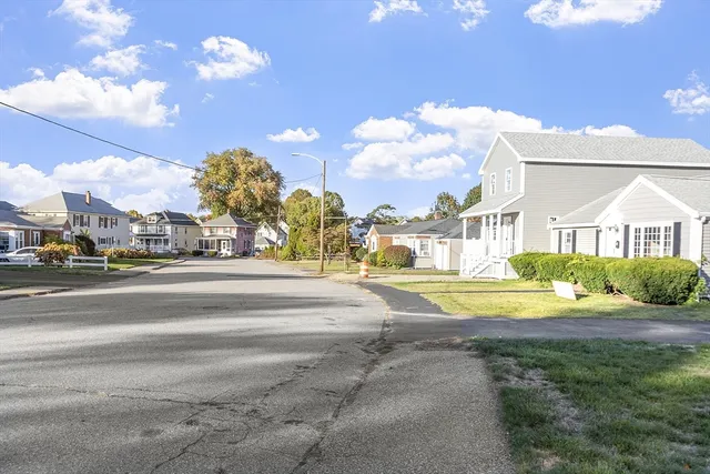 a view of a town with large trees