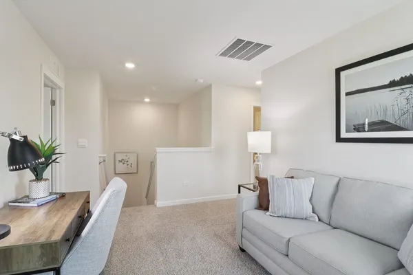 a living room with furniture and a potted plant