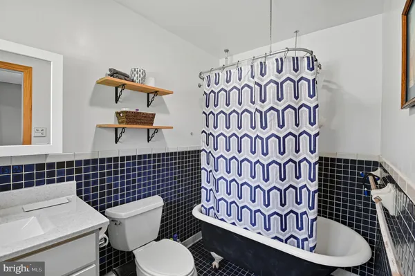 a bathroom with a toilet and a shower curtain