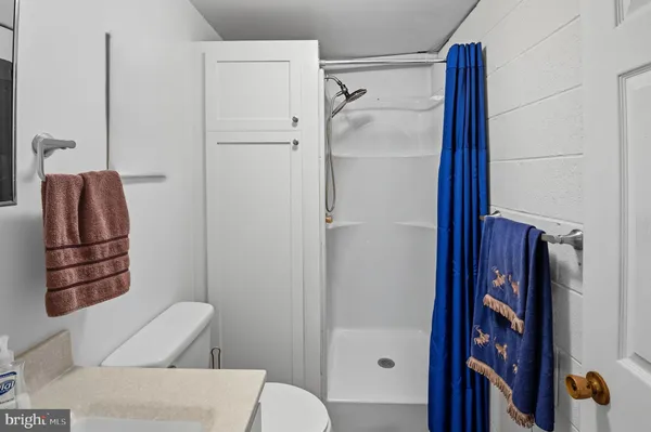 a bathroom with a toilet and shower