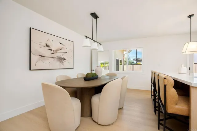 a view of a dining room with furniture and window