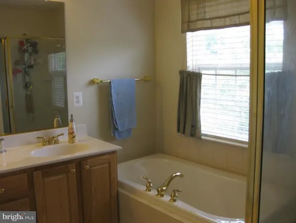 a bathroom with a tub sink and a mirror